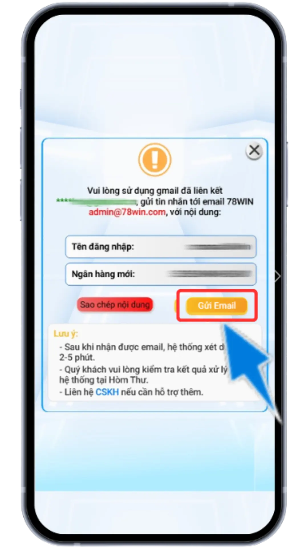 Bước 5 : Sao chép nội dung - Dùng EMAIL đăng ký tài khoản >> Gửi thông tin đã sao chép đến EMAIL của hệ thống >> Chờ xét duyệt trong vài phút